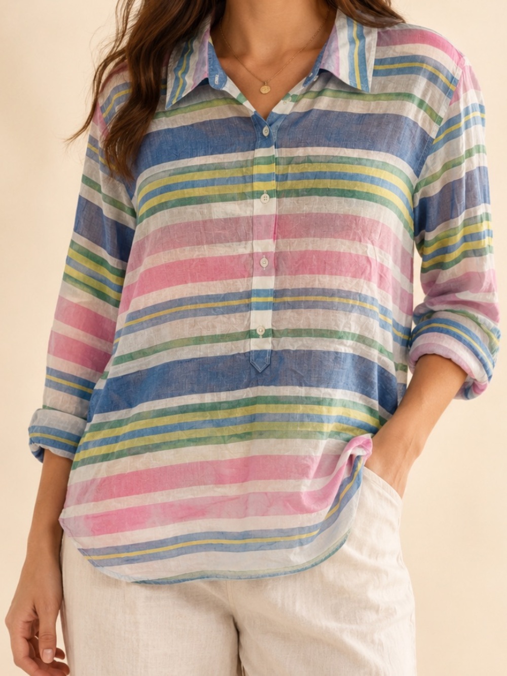 Talbots 100% Cotton Multicolor Striped Button Down Shirt Coastal Preppy 3X